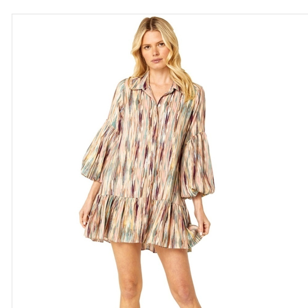 Misa LA Martina Baloon Sleeve Wide Ruffle Hem Midi Dress Blurred Ikat Size M EUC